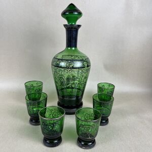 VTG Italian Emerald Green Decanter Glass Set Of 8 Venetian Lion Silver Overlay‎